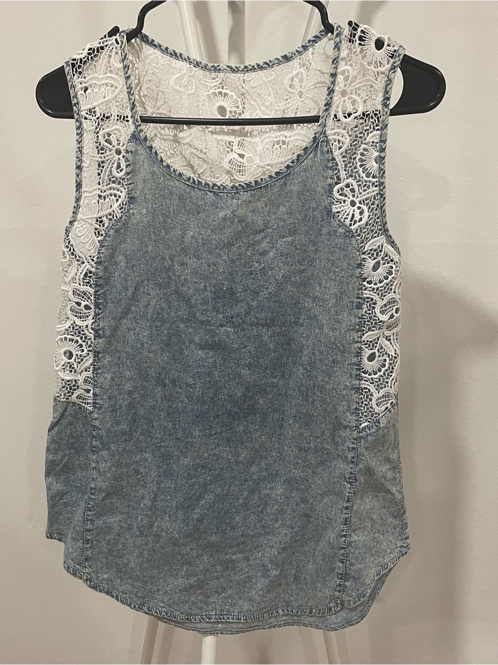 Washed Blue Lace-Trim Tank Top